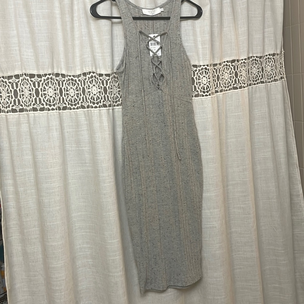 Astr Gray Lace-Up Ribbed Midi Dress